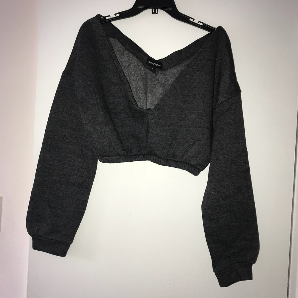 Pretty Little Thing off shoulder crop grey sweater